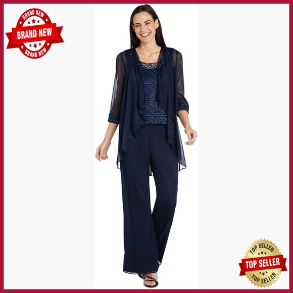 3PC Glitter Embroidered Pant Suit with Pearl Neckline Polyester Spandex